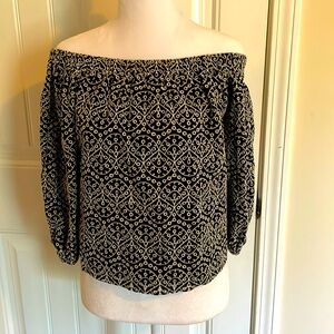 Express XS black and white embroidered off the shoulder 3/4 length sleeve shirt